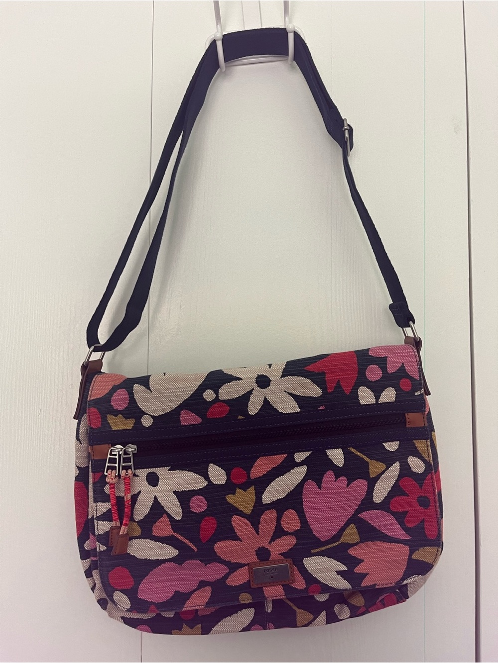 Fossil Floral Canvas Crossbody Bag - Pink, Black & Cream